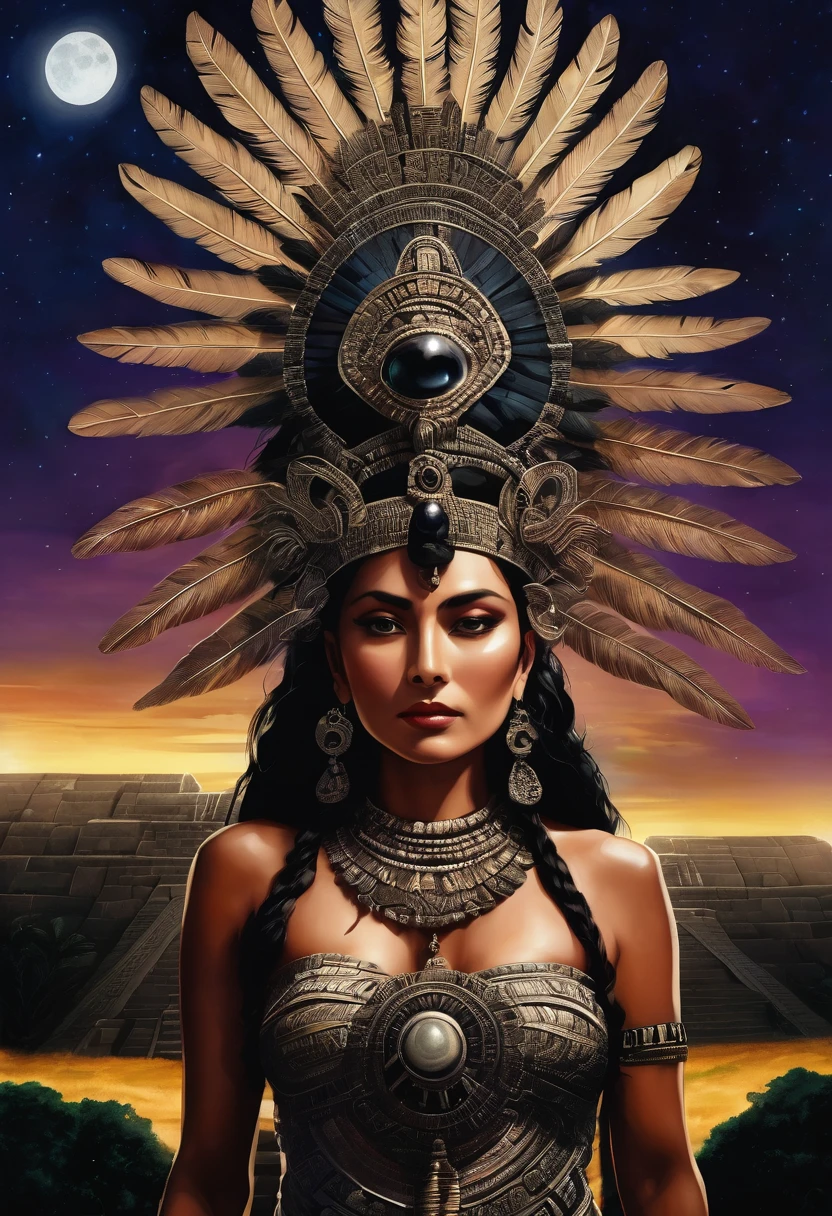 Clothingless Mayan priestess with elaborate feathered headdress, obsidian stone jewelry atop a Yucatan Mayan pyramid on a starry moonlit night, arms raised to the sky, very beautiful face Mexica. Serene stellar cyberpunk. Beautiful night lighting from the Mesoamerican periodrealistic, detailed, historical, perfect image, distant view of dark jungle.