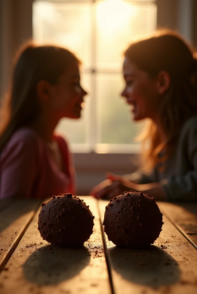 A gourmet and inviting brigadeiro setting with a close-up of two chocolate brigadeiros placed on a rustic wooden table. No fundo, softly focused silhouettes of children engaged in a warm conversation, creating a sense of connection and community. Soft sunlight coming through a window, casting a warm glow, symbolizing the warmth of open and honest communication." This image conveys a sense of camaraderie and the importance of meaningful dialogue., perfect for a video about divine communication skills. INFO