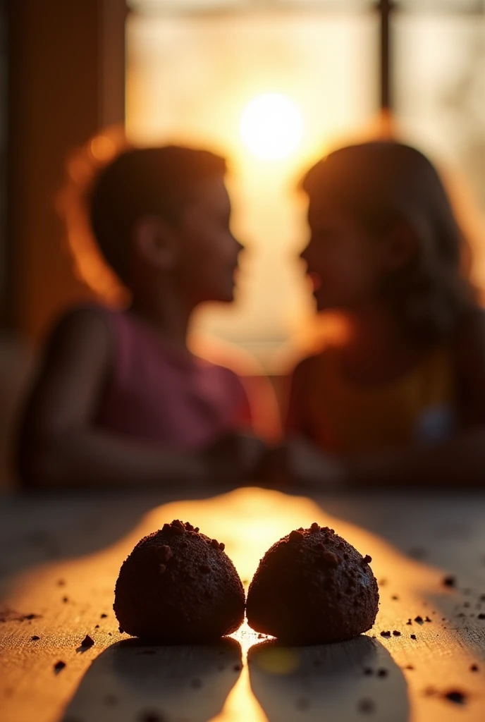 A gourmet and inviting brigadeiro setting with a close-up of two chocolate brigadeiros placed on a rustic wooden table. No fundo, softly focused silhouettes of children engaged in a warm conversation, creating a sense of connection and community. Soft sunlight coming through a window, casting a warm glow, symbolizing the warmth of open and honest communication." This image conveys a sense of camaraderie and the importance of meaningful dialogue., perfect for a video about divine communication skills. INFO