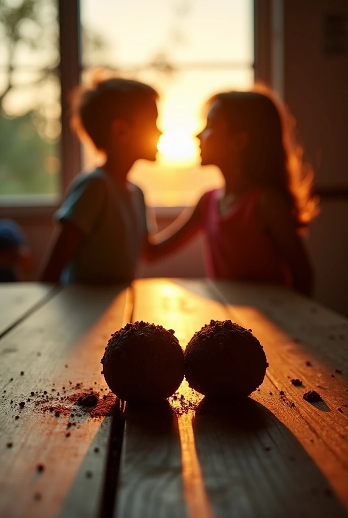 A gourmet and inviting brigadeiro setting with a close-up of two chocolate brigadeiros placed on a rustic wooden table. No fundo, softly focused silhouettes of children engaged in a warm conversation, creating a sense of connection and community. Soft sunlight coming through a window, casting a warm glow, symbolizing the warmth of open and honest communication." This image conveys a sense of camaraderie and the importance of meaningful dialogue., perfect for a video about divine communication skills. INFO