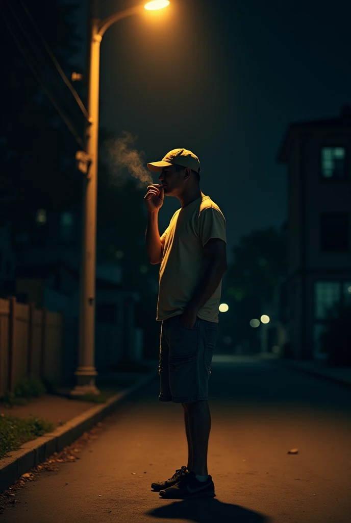 Create an image of a man wearing shorts and a baseball cap. The man smokes a cigarette under a street lamp at night.
