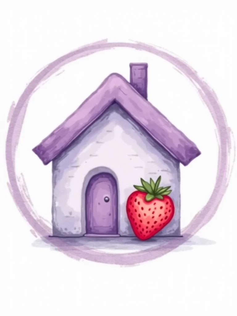 a circular logo featuring a light purple (lilac) house and a strawberry in place of the flower and fruit. The artwork should mimic the watercolor style seen in the provided image. The background should be transparent (PNG format) to ensure that nothing else is included beyond what has been described. Ensure that the edges of the house and strawberry are cleanly cut out without any rough or pixelated edges for a perfect silhouette effect within the circular frame.