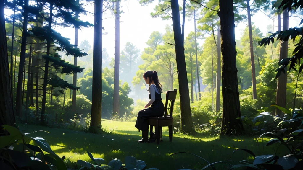 Girl sitting on a chair in the forest playing a piano, anime style. Clear day. Perfect lighting. bright colors. Perfectly design the girl's silhouette.

