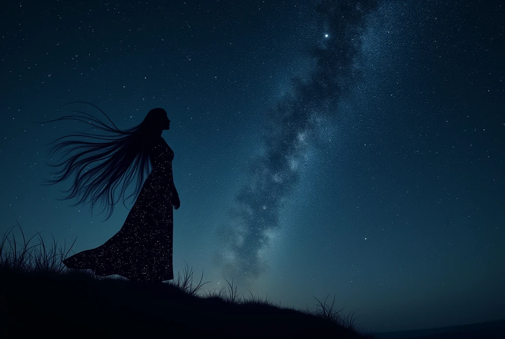 (RAW photo, realistic photo, high quality, masterpiece), Starry Sky, stars in the sky, stars form the outline of long hair woman in the sky