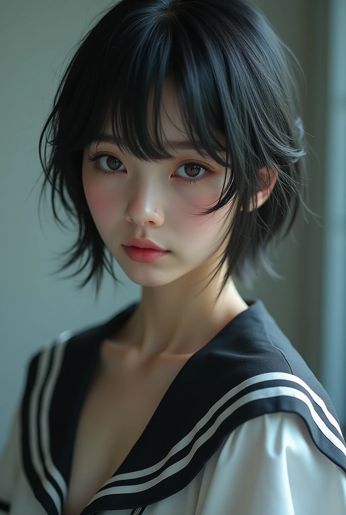 Realistic glowing skin, (sweating:1.8),Stand backwards,Look back at your face,Always look at the camera, (When the uniform gets wet with sweat, it becomes transparent..:1.6),(sweating:1.4),(Nipples are visible:1.9),
Classic black and white sailor uniform,Summer clothes,Cold look,Cold Stare,Black Hair,short hair,Tie your hair short,Silky translucent white skin,best Realistic depiction,(Very detailed美しい顔), Great face and eyes, (Highest quality:1.4), (Very detailedな), (Very detailed CG 統合 8k 壁紙), Very detailed, High resolution raw color photos, Professional photography, Realistic portrait,
 (Detailed RAW photos of the girl&#39;s whole body), Canon EOS R5 250mm, Sharp focus, Cinema Lighting,  (No makeup:1.2), Fine skin, Delicate collarbone,Fine texture of the sailor uniform,Very Realistic sailor uniform texture,(Ultra-high resolution:1.6), (Realistic:1.6), 