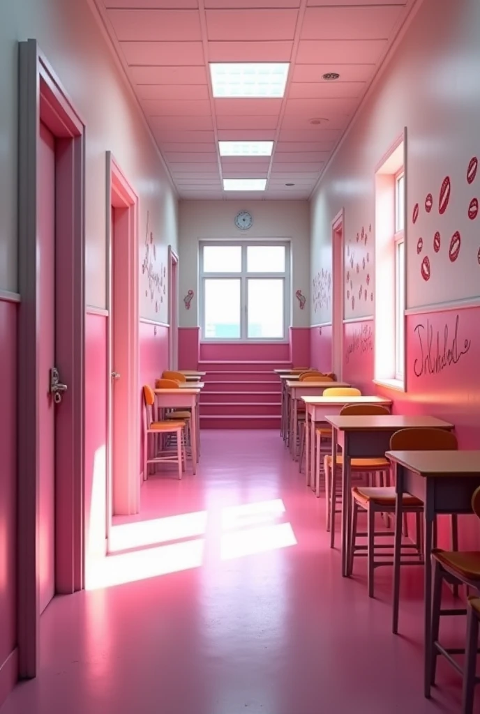 (photorealism:1.2) 
Inside an empty pink and white classic school hallway second floor of a pink classic school, Along the hallway there are some classic school pink open doors of the different classrooms, some pink school desks can be seen inside the classrooms,
At the right hand side of the hallway there's a wide pink school stairway going down that leads to the school first floor, there are many drawings of 💋 can be seen on the walls, 
View: Over the shoulder perspective photo, 
high resolution, masterpiece, best quality, intricate details, highly detailed, Hiperrealistic