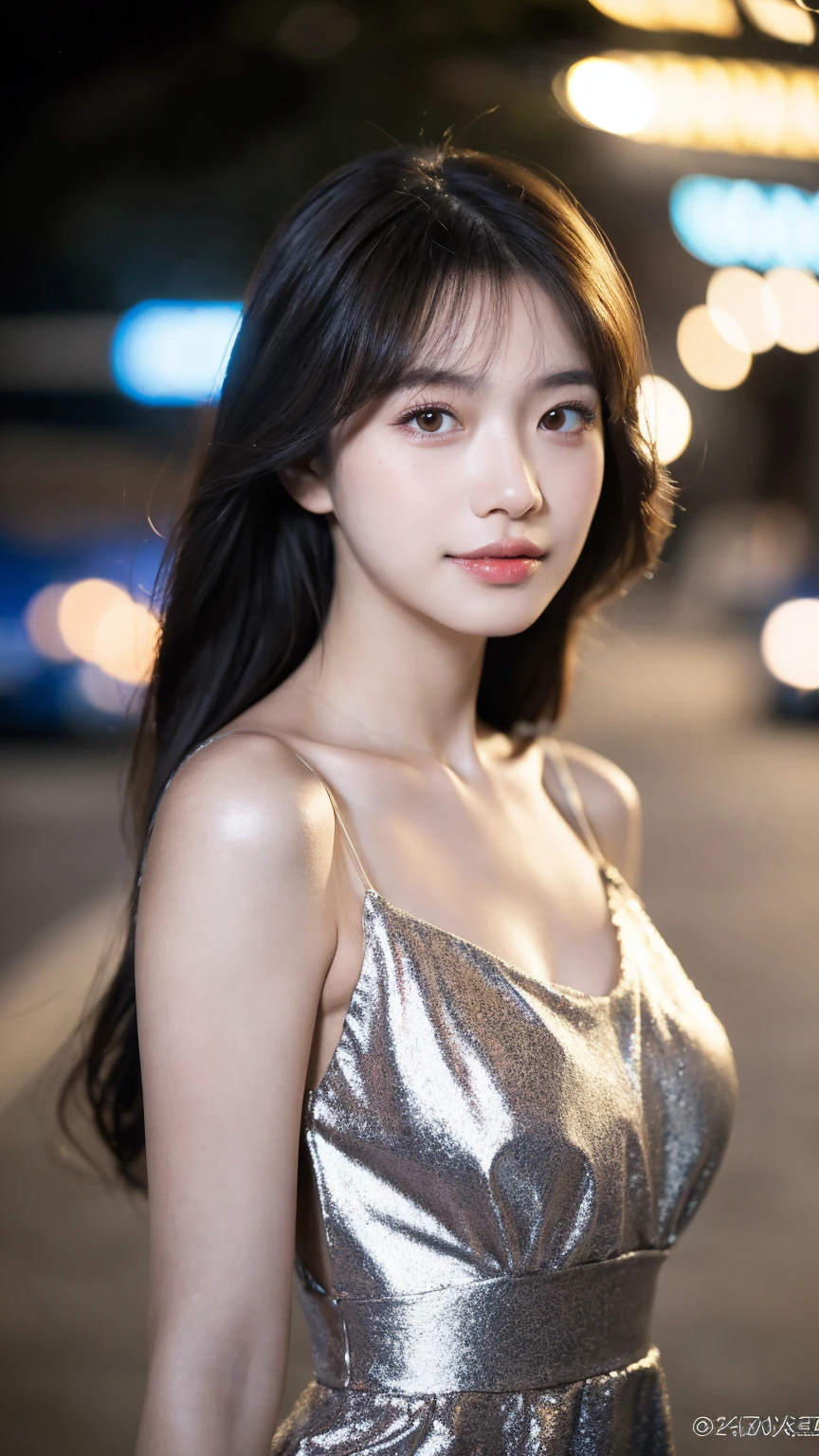 ((Best quality, 8k, masterpiece:1.3))，1girl，18 years old，Asian，Real texture:1.3，(night:1.2)，(Background blur:1.1)，Dress，Tall and slender figure:1.2，(Hot summer weather)，（street:1.3），Highly detailed face and skin textures，Exquisite eyes，Long eyelashes，Double eyelids，Skin Whitening，happy，Various lenses，Beautiful breasts