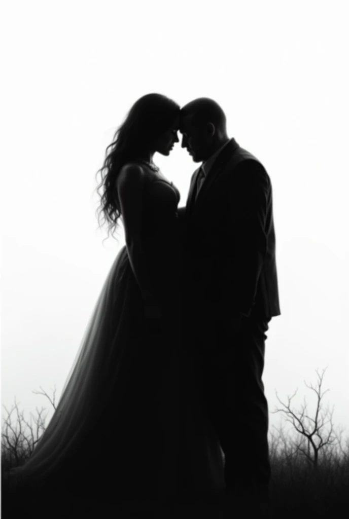 Dying mother with her grown son beside her pitch black silhouette and white background