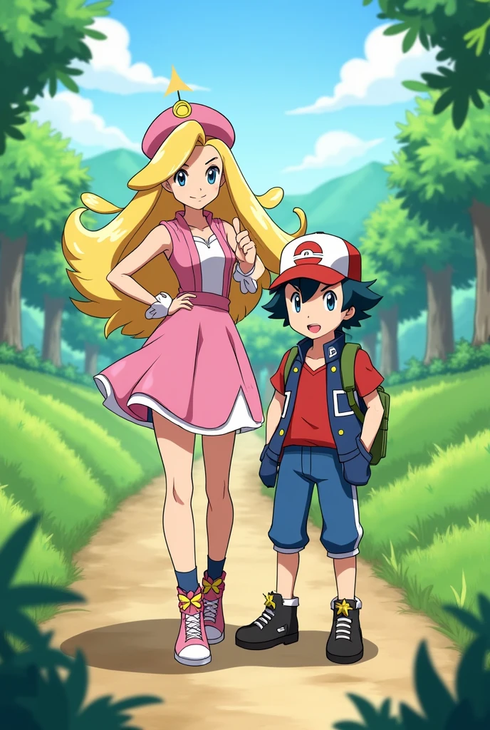 Serena from pokemon
Make her wear her original outfit
Change her hair color to blonde
Make ash Ketchum