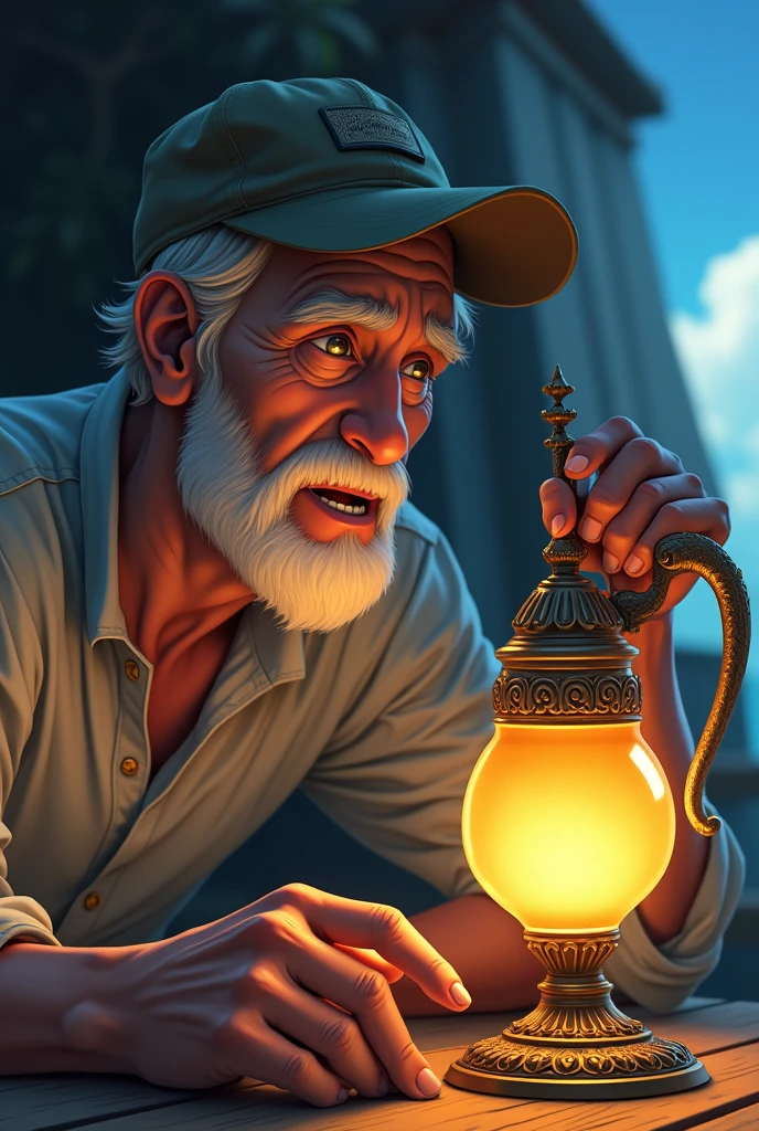 (アニメ)The fisherman looked carefully at the lamp and thought that it might be made of gold and that diamonds would come out of it.
