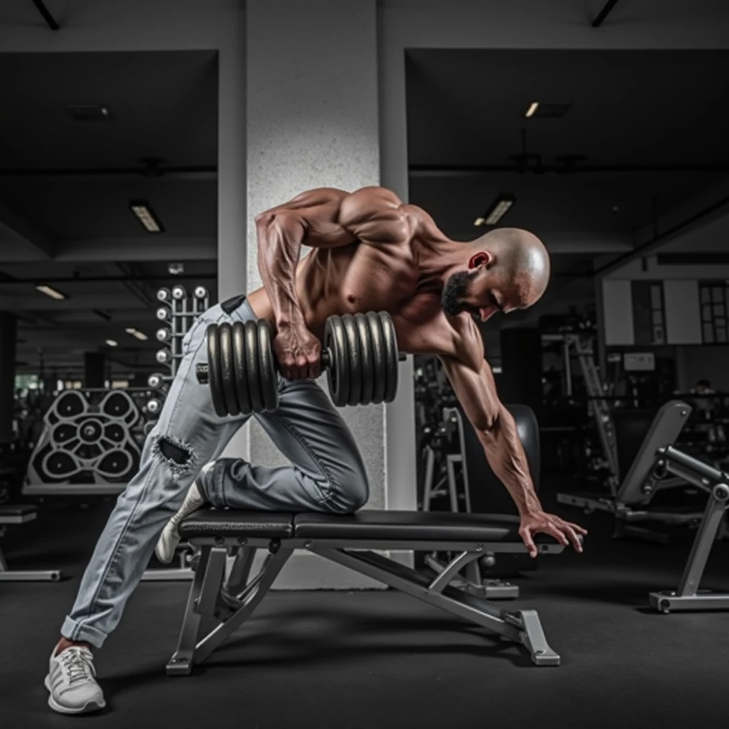 High Detail RAW Color Photo Professional Photo. A very tall, muscular man with shaved head and white skin, pale skin is in a professional gym setting, captured during an intense workout. He is performing a single-arm dumbbell row on a sturdy gym bench. The man is wearing light gray, slightly distressed jeans that complement his pale skin and white sneakers, which provide stability during the exercise. His upper body is exposed, revealing a chiseled physique with highly defined muscles, veins prominently visible across his arms, chest, and shoulders. The man is leaning forward, his left hand firmly gripping the bench for support while his right hand pulls up a massive dumbbell, showcasing the effort and intensity of the workout. His head is slightly bent forward, emphasizing focus and determination. The gym around him is dimly lit, casting dramatic shadows that enhance the definition of his muscular form. In the background, gym equipment like weights and machines is visible, though slightly blurred to keep the focus on, UHD, masterpiece, accurate, anatomically correct, textured skin, super detail, high details, award winning, high quality, best quality, highres, 4K