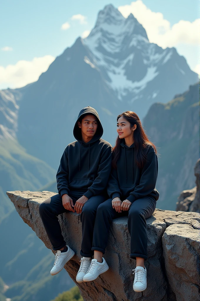 4D cartoon of an Indonesian man and woman sitting on the edge of a mountain on a rock,wearing the same black hoodie and white shoes, Hyper realistic high contrast,High color effect,8k details,ass focus