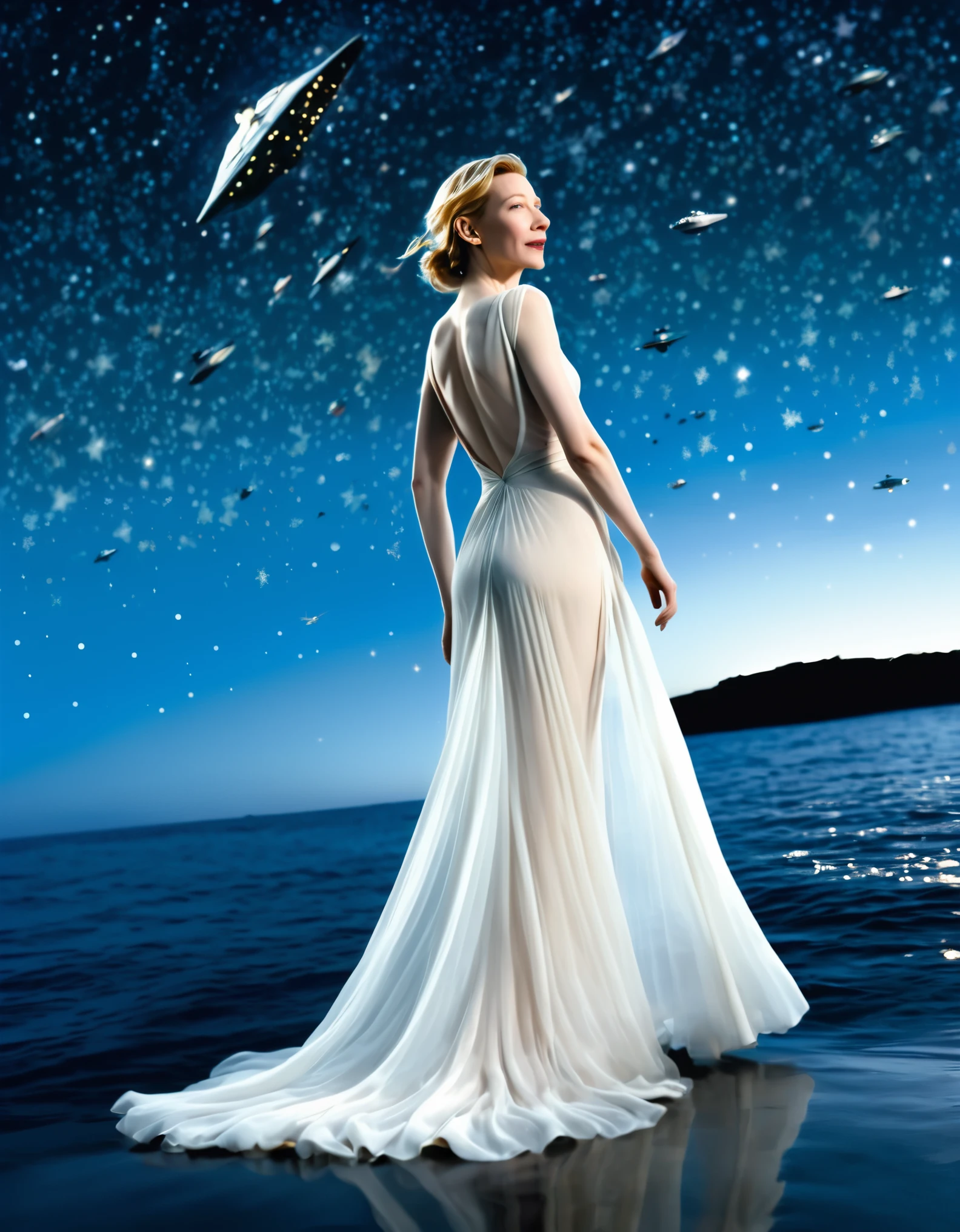 Cate Blanchett (age 25, airy sheer white elegant gown), camera low looking up at her butt and a starry sky, a few tiny space ships fly across the sky, lush ocean world
