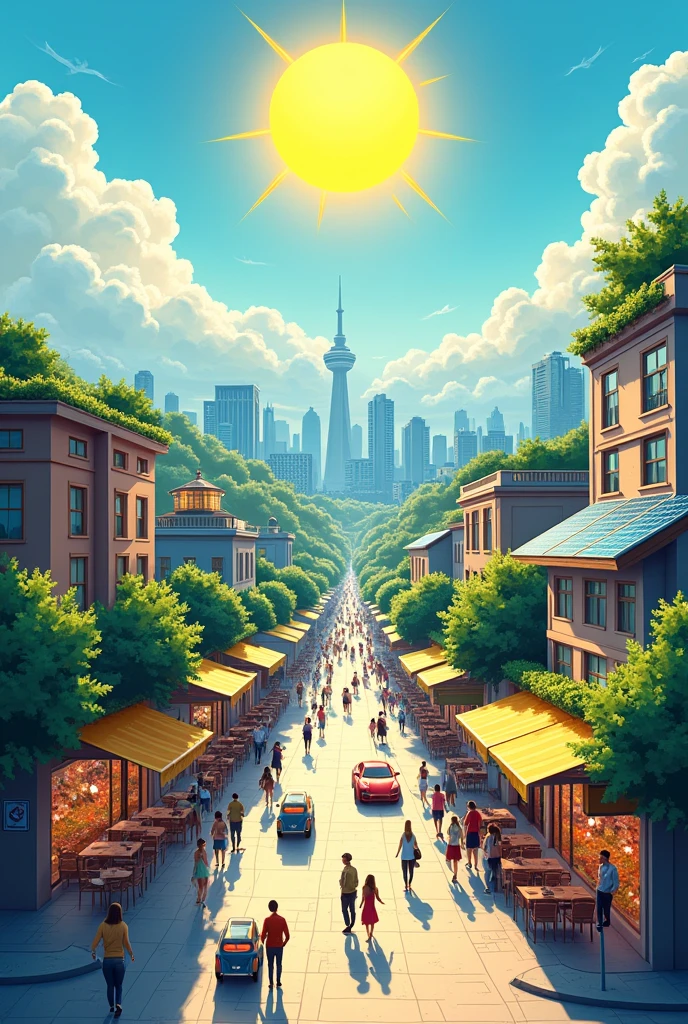 An image of the sun and a city apartment with solar panels on its roof, image will be for promoting solar energy show cars, people walking in street, storefronts, restaurants, all with solar panels, a city where everyone uses solar panels in their homes 