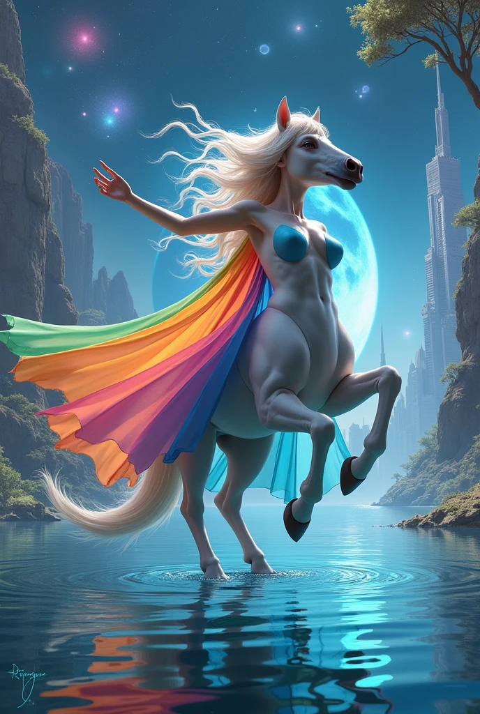 In the illustration of this super-grand scene,We enjoyed a fascinating sight,The various characteristics of the multiverse converge to fill the picture with brilliant colors。In this intoxicating scene,Our camera captured a mysterious(Centaur,Half man, half horse,Dancer:1.875),She was half-dressed,Graceful,Dance on the water。Her magic dance has many different styles of movements,And keep changing her clothing style,Blend in with the beauty of the surroundings,Adds an unpredictable charm to the whole scene。Dancer的舞蹈令人陶醉,Her rainbow cape flutters behind her like wings。This cape consists of different styles、color、Made from small parts of materials and styles,The extremely long train is gorgeous and elegant。Her dancing trajectory is accompanied by the glare effects of neon lights and magical stars,Blend in with your surroundings,Creates a stimulating atmosphere for the senses。Dancer拥有超高挑的身材和弧度超大的爆炸的曲线,Her body features are full of seductive sexiness。Her physical appearance includes::Mysterious silhouette Widened k-cup size(Super huge teardrop-shaped breasts:2.625)Very meaty and full of fat、Narrowed sternum and waist and abdomen、Charming face、Huge colored eyes of Carslan are troublesome and charming、Makeup、Slender neck、Beauty collarbone、Slender arms、Slender waist and abdomen、Round buttocks and slender long legs,Showcases attractive curves and lines。Use Midjourney's advanced brush tools、Color palettes and texture packs,我们为Dancer的面容、skin、Costumes and rainbow capes give intricate textures,增加了Reality的同时再次增加超巨硕胸轮廓并使巨硕泪滴胸更显大器宽广,She also made her costume and cape blend different materials,Show a variety of styles,From evening gown、To the princess dress、Then to the light gauze dress、Or medical care、Ninja with Fishnet、and Urban Beauty,Full of creativity and fashion,It also makes the whole scene full of dreamy elements,There is an atmosphere of futuristic technology in the starry sky,There are towering cities in the ground,The floating bubbles are shining with neon runes,There are long beaches and small islands on the sea,Plants and fairy tale mythological scenes are intertwined,并让Dancer的舞姿与环境元素相互呼应,Creative。Through Midjourney's powerful tools,We approach it with incredible detail,Bring this grand and ethereal scene to life。整个插画充满了Reality和震撼力,是一幅具有Masterpiece quality和最佳质感的作品。Large wide angle,Ultra-telescopic lens, hdr,(Reality,Masterpiece quality,Best quality),