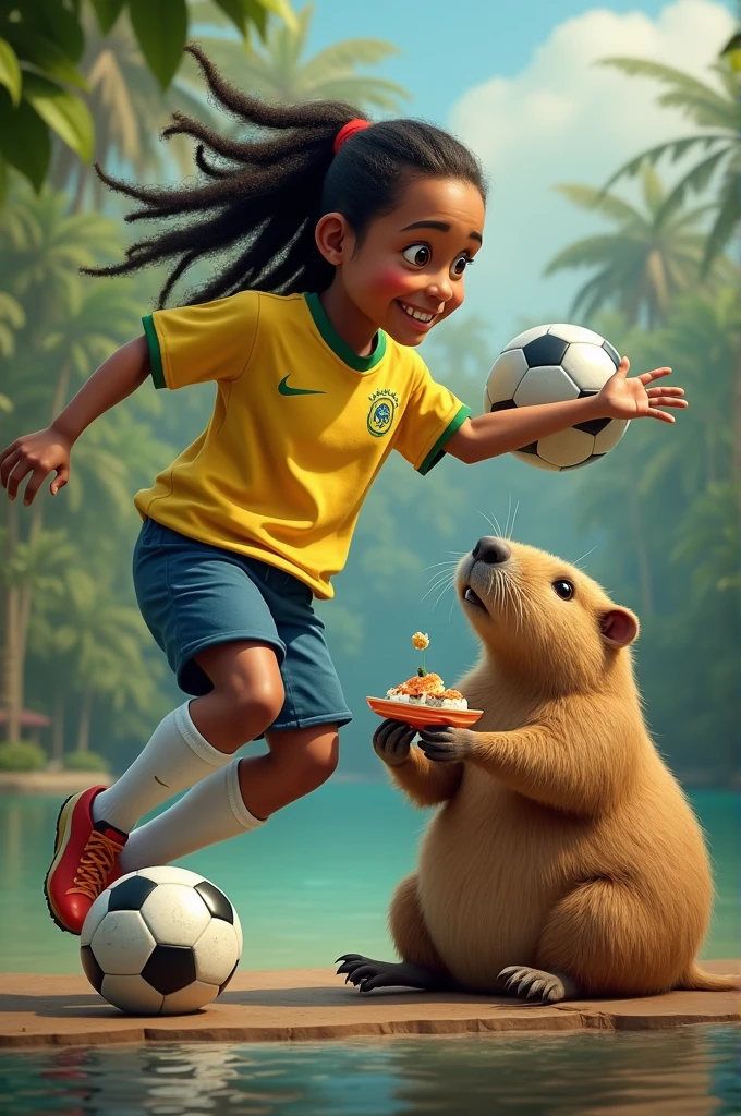 Ronaldinho juggles next to a capybara eating sushi