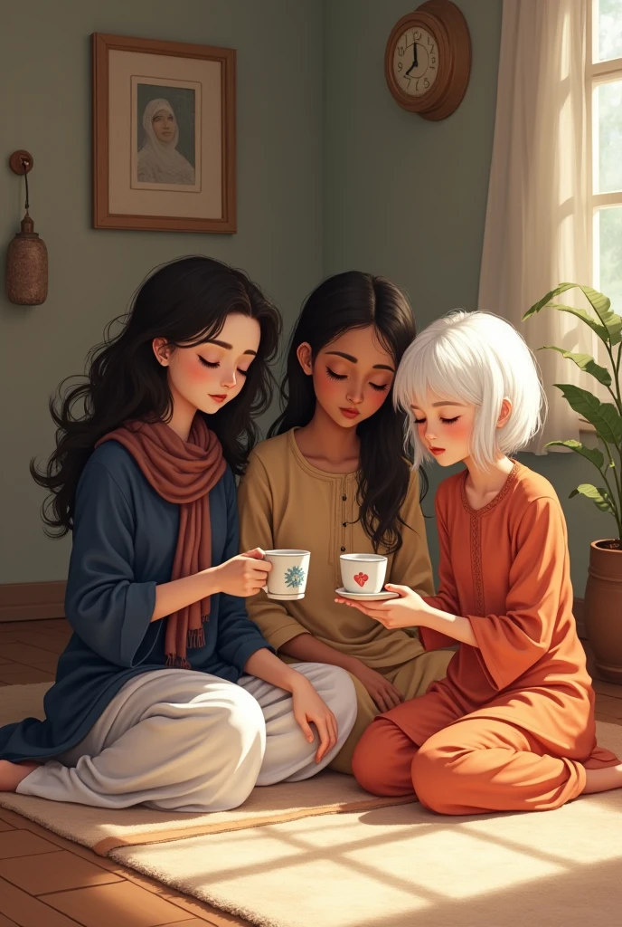 3 sisters are sitting on the floor, drinking tea, older one is 22 years old, young lady, white skin, tallest, white skin, slightly curly hair, long hair,wearing dark blue tunic and white loose trouser,a scarf, middle one 20 years old, tanned skin, Indian skin tone, straight hair, long hair,wearing light orange colour shalwar kameej , little one 11 year old girl, small hair, boy cut hair,white skin,wearing red colour half pant and red colour top