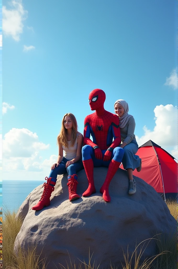 Spiderman sitting on a big rock with his children and wife, near the tent, bright blue sky