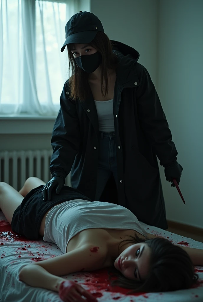 korean girl, (behind stiff, holding knife), stabbing, black surgical mask, black gloves, sunglasses, white room, black raincoat, trucker hat, holding knife, black gloves, , woman on top, behind cadaver, blood splatter, on the bed, looking at viewer, mass murderer, killer, blood splatter, dark atmosphere, cinematic lighting, atmospheric realistic, light from the window,