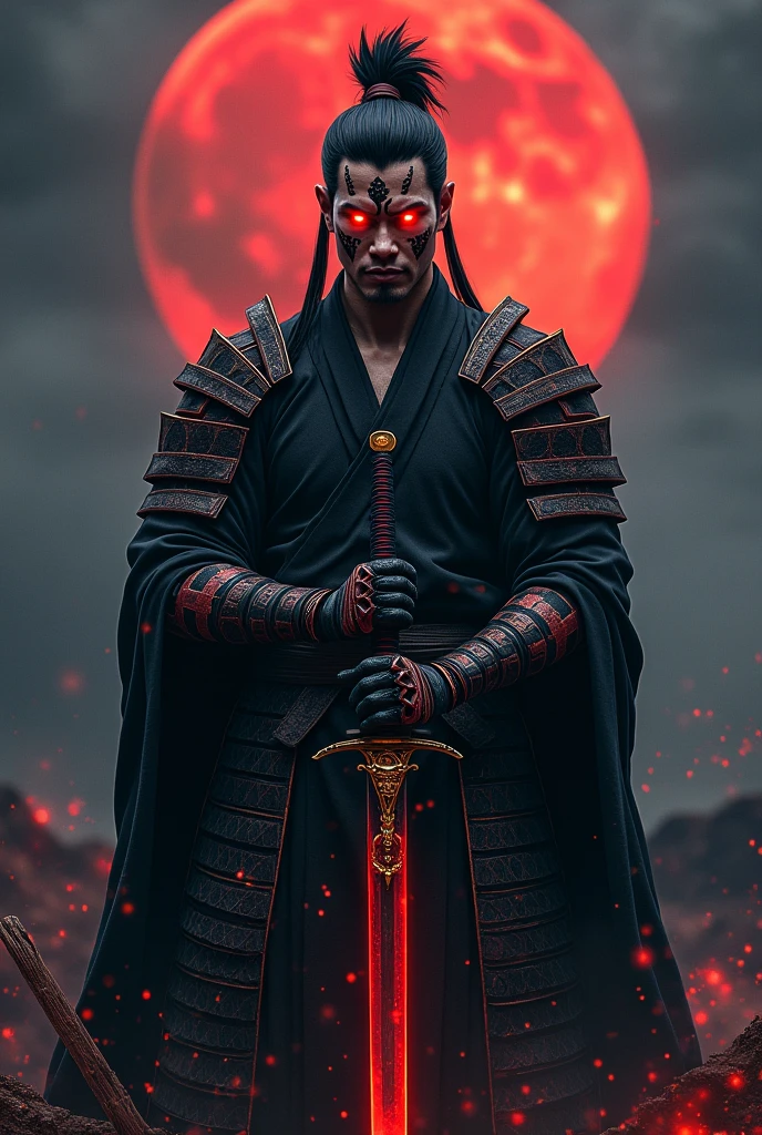 Samurai marks, glowing red eyes, Sharingan