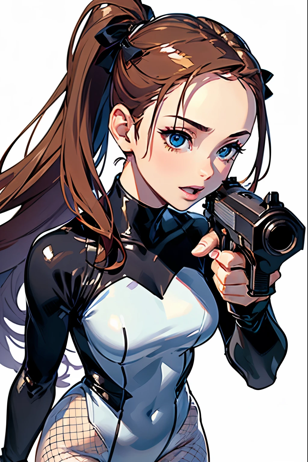 (highest quality:1.2), a -yeld girs aiming and firing a big gun, in sci-fi style, side view, a photorealistic cute gymnast, beautiful face, European face like a doll, heavily make-up face, pale face, open mouth with brutal smile, cool eyes with heavy dark eyshadow, dark blue lip with cruel smile, sadistic face, long black hair to shoulder, upper body portrait above the knees, wearing long sleeve latex white bodysuits,tight-fitting and extra shiny white leotard, wearing white fishnet pantyhose.