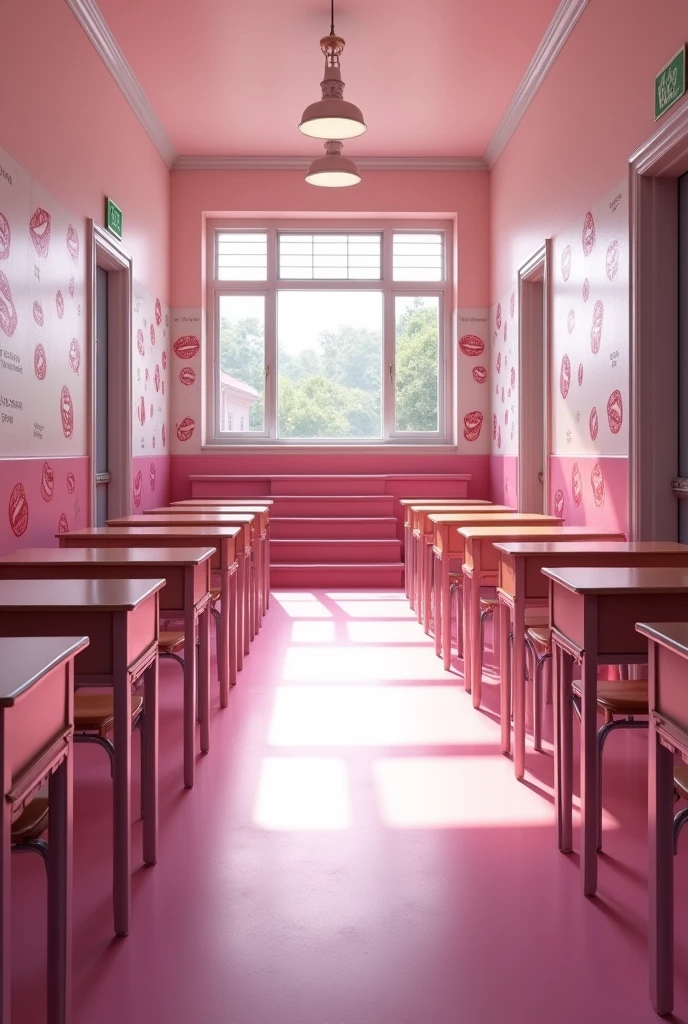 (photorealism:1.2)
Inside an empty pink and white classic school hallway second floor of a pink classic school, Along the hallway there are some classic school pink open doors of the different classrooms, some pink school desks can be seen inside the classrooms,
At the right hand side of the hallway there's a wide pink school stairway going down that leads to the school first floor, there are many drawings of 💋 can be seen on the walls,
View: Over the shoulder perspective photo,
high resolution, masterpiece, best quality, intricate details, highly detailed, Hiperrealistic