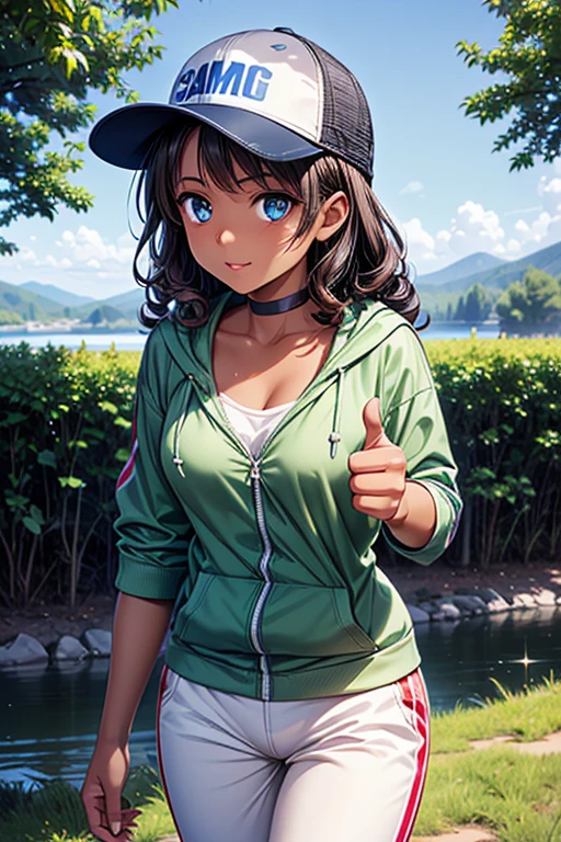 #Basic
A girl posing for a photo, (((One Girl))), (((Baby Face:1.4)) + ((cute:1.4)) + (())), 
break 

#Clothing Accessories 
((Green hoodie:1.4)) + ((White shirt)) + ((Blue jogger pants)) + ((Blue trucker hat)) + ((Red sneakers)), 
((Black choker)), 
break 

#Features 
((Black Hair:1.2)) + ((Center-parted bangs + Bangs that expose the forehead)) + ((very long transverse hair)) + ((short hair : Long Hair + Curly hair + Wild Hair + Voluminous Hair)), 
((Droopy eyes:1.4, Big eyes:1.2), blue eyes), (Small breasts:1.2), (中立的な顔のFeatures), (Tanned dark skin:1.4), 
break 

#background environment 
((noon, Riverside surrounded by nature, blue sky, camp)), 
#Facial Expression Pose 
((Wicked Smile)), ((Extending left hand towards camera and giving thumbs up、Place your right hand on your hat、Standing strong and proud)), 
#composition 
((Angle from the front:1.2, Cowboy Shot)),   
break 

#Body parts elements 
(Slim figure), 
(Symmetrical facial features), 
(Detailed Hair, Beautiful Hair, Shiny Hair), 
(double eyelid, Long eyelashes, Thin eyebrows:0.5, Thin eyebrows:0.5), 
(Expression of fine eyes, Beautiful and delicate eyes, Sparkling eyes, Eye Reflexes, Glitter Eyeliner), 
(Human Ear), 
(Beautiful Nose, Thin Nose), 
(Glossy Lips, Beautiful Lips, Thick lips), 
(Textured skin, Detailed skin, Textured skin, Beautiful Skin, Oily skin), 
break 

#quality 
(((最高quality)), ((masterpiece:1.3)), ((Very detailed))), ((Ultra-high resolution)), ((16K)), ((1080P)), ((Full HD)), 
((Anatomically correct)), ((Realistic)), (3DCG), ((Oil painting)), 
((comics, anime)), (CG illustration), (RAW Photos), 
