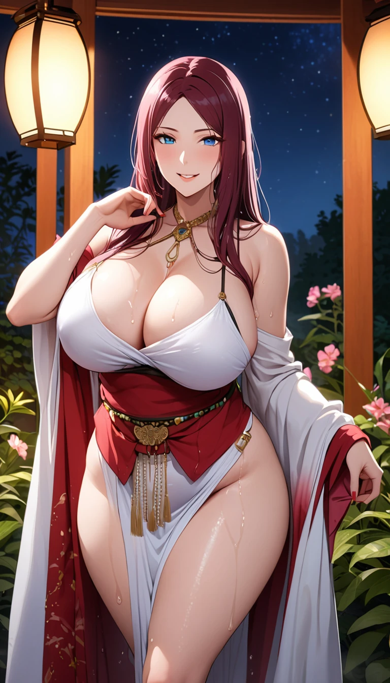 
solo, long hair, breasts, looking at viewer, bangs, hair ornament, cleavage, blue eyes, full body, clip on hair, laughter ,parted lips, japanese clothes, mole, mole under eye, kushina ,curve body,milf,motherly,mature female,night sky ,standing ,cross hand holding dress,untied dress, cowboy shot, off the shoulder,oil skin, Milky white skin, ,wet hair, mercenary pose,face on front,big round breasts,big breast:1.7 slightly , slim body, sexy body, white skin,  loose dress ,face on camera , erotic pose,in a garden,belly dancer dress,full body shot, (sweat), (steam) on breast,steam from face,thicc women,wet body,wet dress, milk flowing breast,wet breast,