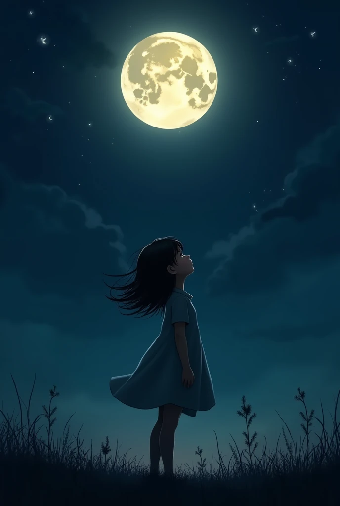 A girl looking at the moon at night 