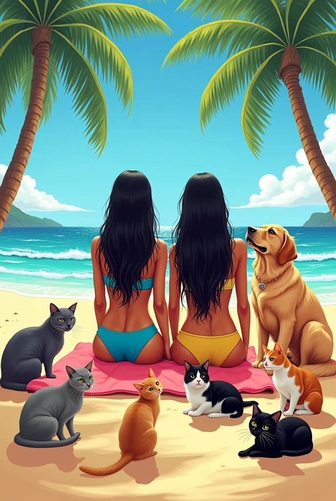 a drawing of two Brazilian women with black hair and surfing clothes sitting on the beach with two gray cats, two tabby cats, a black and white cat, two white and orange cats and a golden retriever dog sitting next to each other