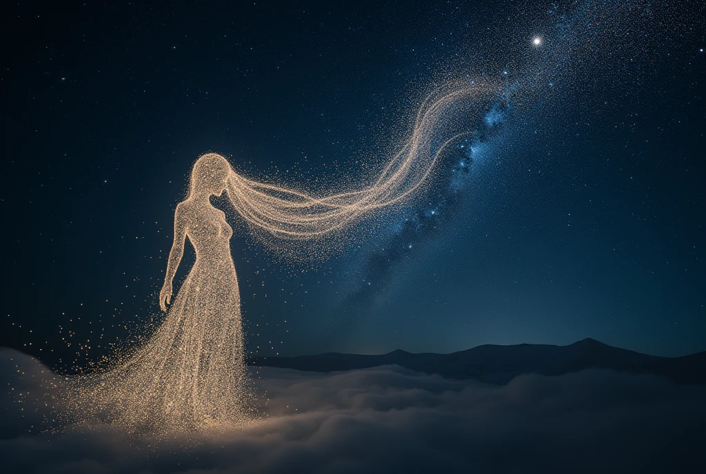 (RAW photo, realistic photo, high quality, masterpiece), Starry Sky, stars in the sky, stars form long hair woman in the sky