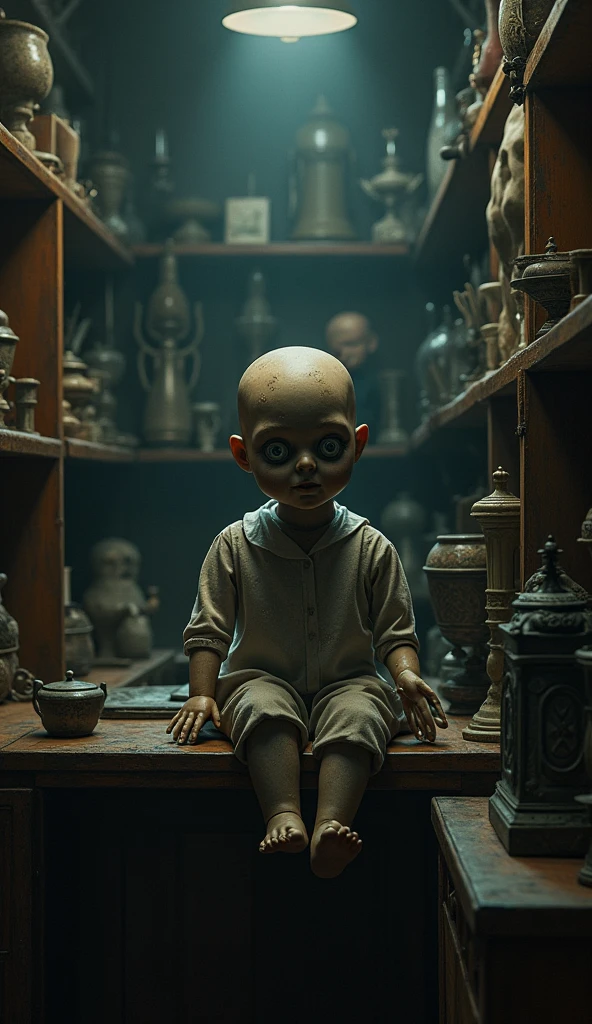 A dimly lit antique shop with shelves filled with old, dusty items, and the eerie figure of Robert the doll sitting on a shelf, his eyes seeming to follow the viewer.