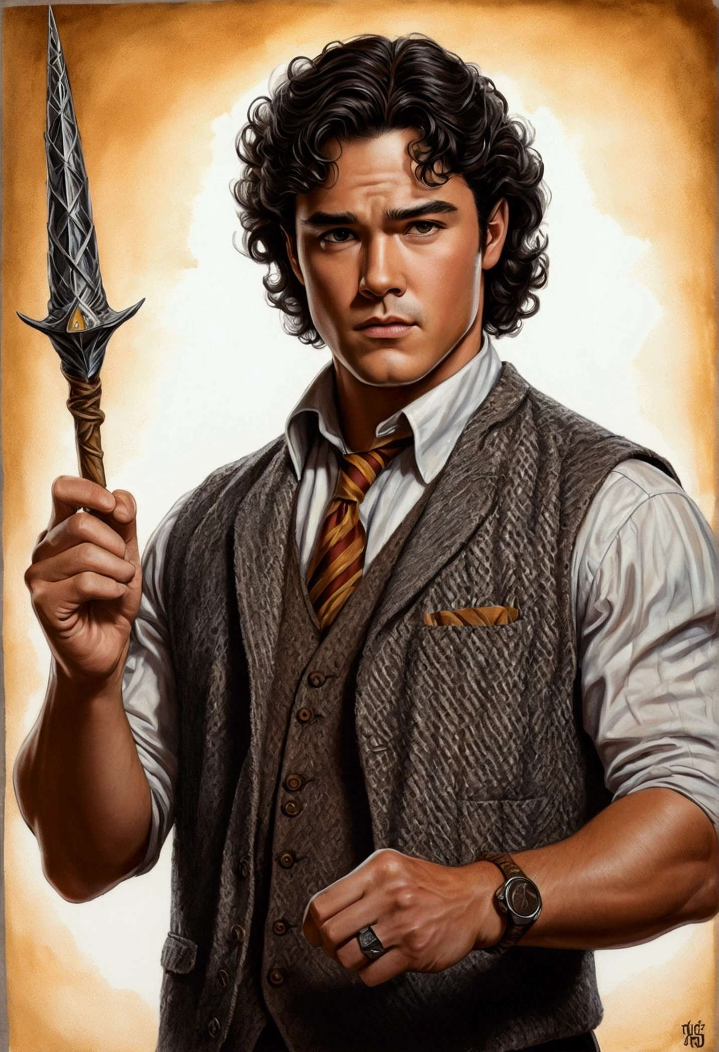 An illustrated movie poster, hand-drawn, full color, a Hogwarts Professor, 21 years old, male, brown eyes, brown-black hair, voluminous curly mane, suntan complexion, medium height, broad shoulders, stocky frame, muscular, rugged scruffy appearance, lots of body hair, resembles Dean Cain, wearing a tweed vest and slacks, holding a wand in his grip, hard shadows, graphite shading, stencil marks, airbrushed acrylic paint, masterpiece, in the style of the Deathly Hallows