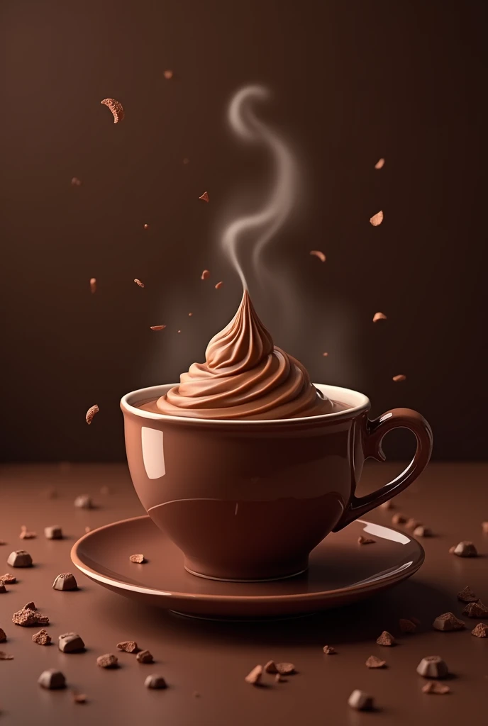 Create an image of packaging for a 200g pot of creamy chocolate. Packaging should have rich, dark brown tones, evoking the sensation of intense, creamy chocolate. on the label, featured a realistic illustration of a cup filled with creamy chocolate, with a smooth and shiny surface, conveying the density and richness of the drink. small details, like a light steam coming out of the cup, should suggest that the chocolate is hot and irresistible. Next to the cup, add chocolate sprinkles, further emphasizing the creaminess and flavor of the product. Packaging design must be sophisticated, focusing on the cup and the texture of the chocolate, keeping brand and ingredient information clear, but secondary.