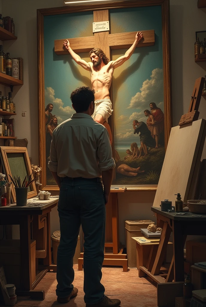 A painter standing in his painting school and his background Jesus on the cross painting and he got Emotional
