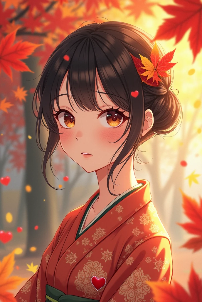 Anime illustration icon cute white woman heart tattoo on cheek kimono autumn leaves