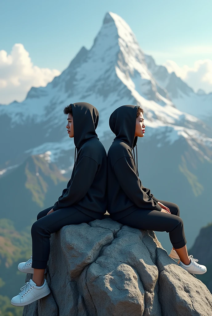 4D cartoon of an Indonesian man and woman sitting on the edge of a mountain on a rock,wearing the same black hoodie and white shoes, Hyper realistic high contrast,High color effect,8k details,ass focus