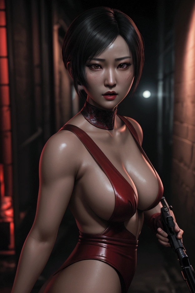 Ultra-realistic extremely detailed real life 8k masterpiece of a gorgeous asian woman re ada wong without wearing clothes with big boobs in a dark alley at night, ada holding gun in hand, extremely detailed facial features, dark scary epic lighting, horror composition
