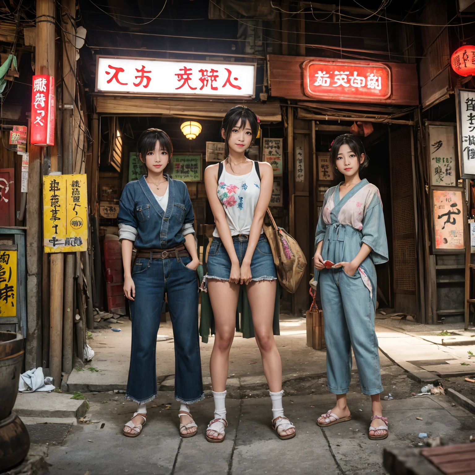 ((masterpiece、Highest quality))、Beautiful girls gather.、Three girls in summer clothes、(Showa Retro:1.2)、(Detailed and cute face:1.3)、(Poor conditions、Japan's poor neighborhoods、Dim and unsanitary、Standing Bar、みんなで楽しくdiet、Crumbling underground shopping mall)、屋台のdiet店、stage、sewage、Dirty shop、street vendors、Unsanitary and abandoned city、smile、diet、Poor person々