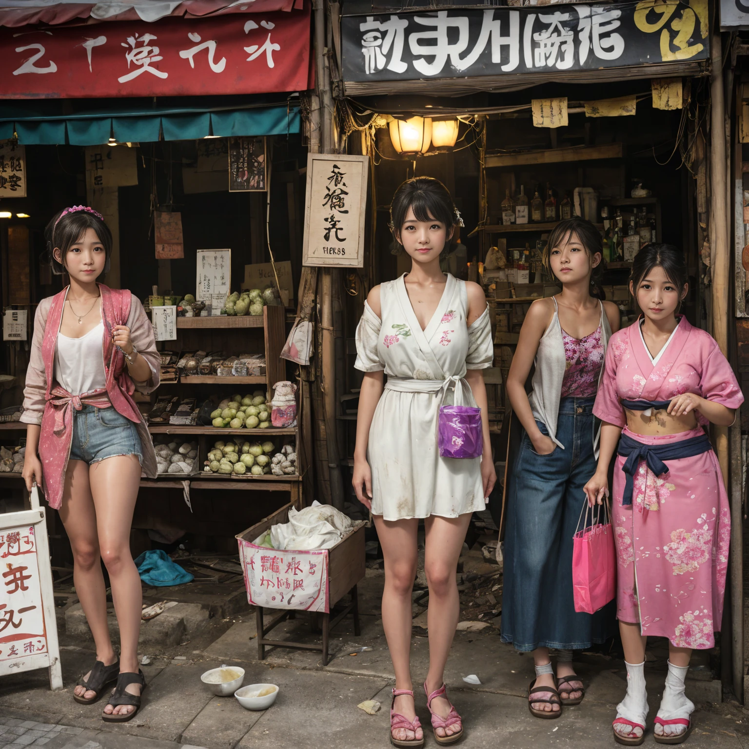 
((masterpiece、Highest quality))、Beautiful girls gather.、Three girls in summer clothes、(Showa Retro:1.2)、(Detailed and cute face:1.3)、(Poor conditions、Japan's poor neighborhoods、Dim and unsanitary、Standing Bar、みんなで楽しくdiet、Crumbling underground shopping mall:1.3)、屋台のdiet店、stage、sewage、Dirty shop、street vendors、Unsanitary and abandoned city、smile、diet、Poor person々