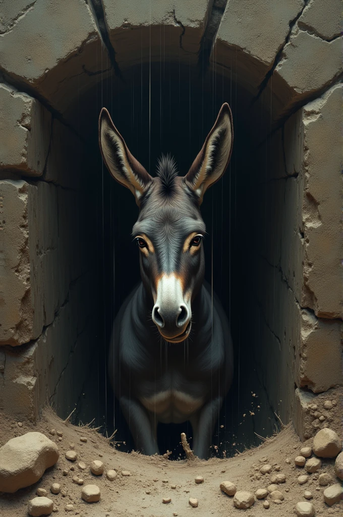 Imagine donkey is crying inside the deep well as dirt is throwing on him