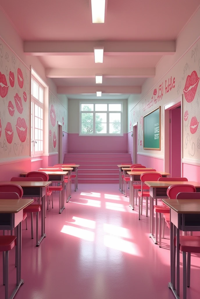 (photorealism:1.2) 
Inside an empty pink and white classic school hallway second floor of a pink classic school, Along the hallway there are some classic school pink open doors of the different classrooms, some pink school desks can be seen inside the classrooms,
At the right hand side of the hallway there's a wide pink school stairway going down that leads to the school first floor, there are many drawings of 💋 can be seen on the walls, 
View: Over the shoulder perspective photo, 
high resolution, masterpiece, best quality, intricate details, highly detailed, Hiperrealistic