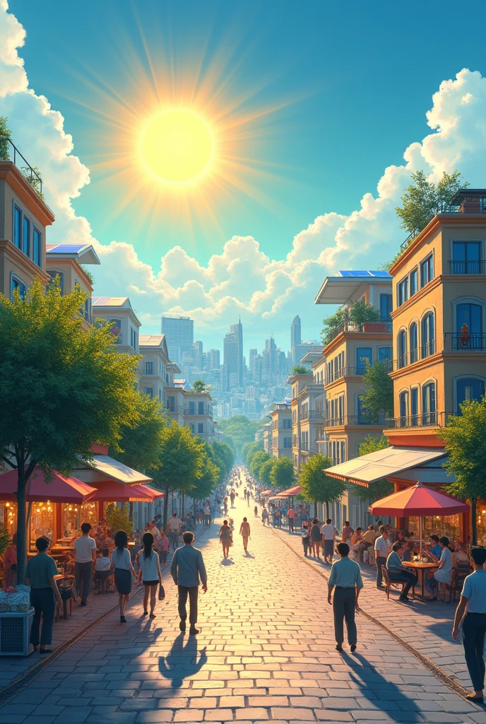 An image of the sun and a city apartment with solar panels on its roof, image will be for promoting solar energy show cars, people walking in street, storefronts, restaurants, all with solar panels, a city where everyone uses solar panels in their homes 
