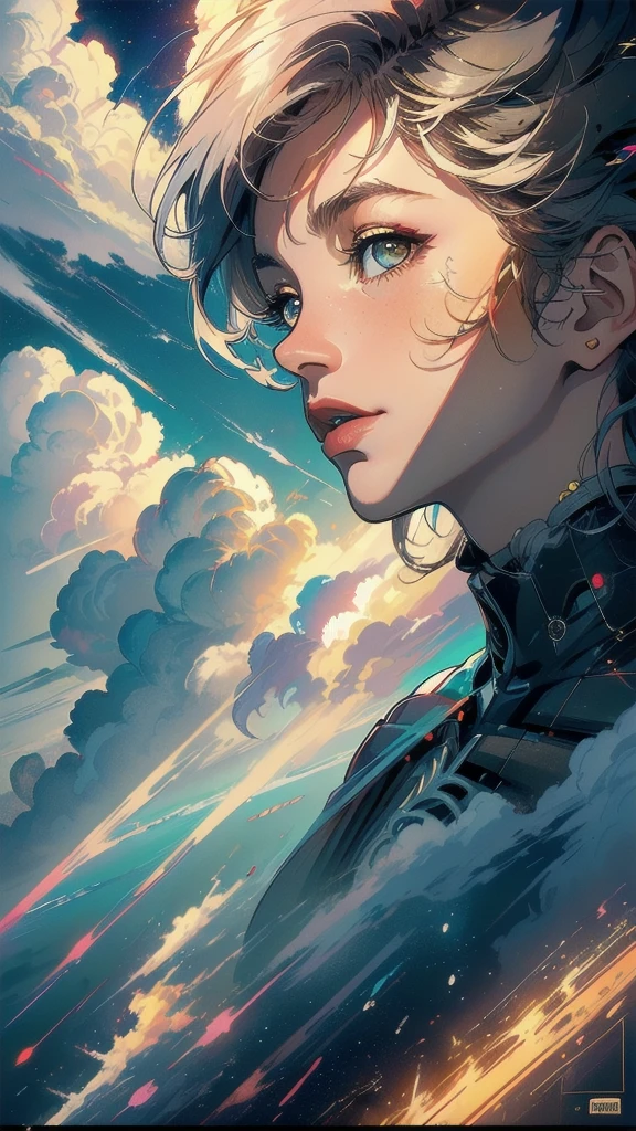 (((masterpiece, highest quality))),(((solo:1.2))),(((1girl:1.2))),32k wallpaper, very detailed, poster, vintage science fiction,(((((geometric cinematic movie poster))))),((((mid century modern)))),(((((portfolio))))),(((((Close-up))))),(((((bust up))))),((((more various angle)))),(((highlight))),((((heterochromia)))),(((complete. detailed face))),(((Extremely talented))),(((most complecated machine))),(((Overall colorfully))),((((((Absolutely cloud rbackground)))))),(((Very multi-layered cumulonimbus clouds)))