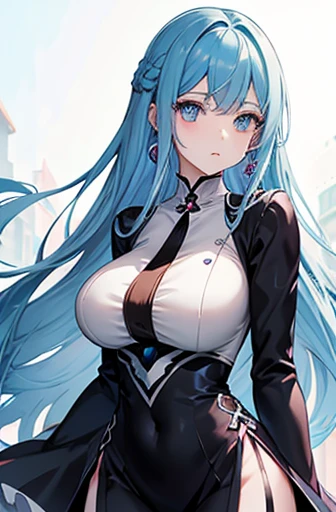 Anime, woman, long hair, pale blue hair, odd color pink and blue eyes, cool, earrings, big boob, wearing a black dress, beautiful, elegant, pure, fantasy,