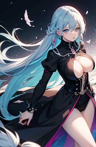 Anime, woman, long hair, pale blue hair, odd color pink and blue eyes, cool, earrings, big boob, wearing a black dress, beautiful, elegant, pure, fantasy,
