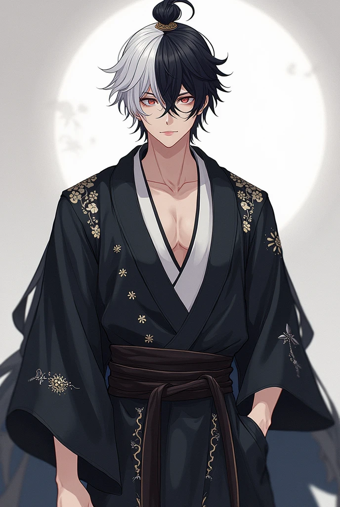 アニメ, black and white hair, 1m80, Muscle, des habit traditionnels japonaises, beautiful boy 