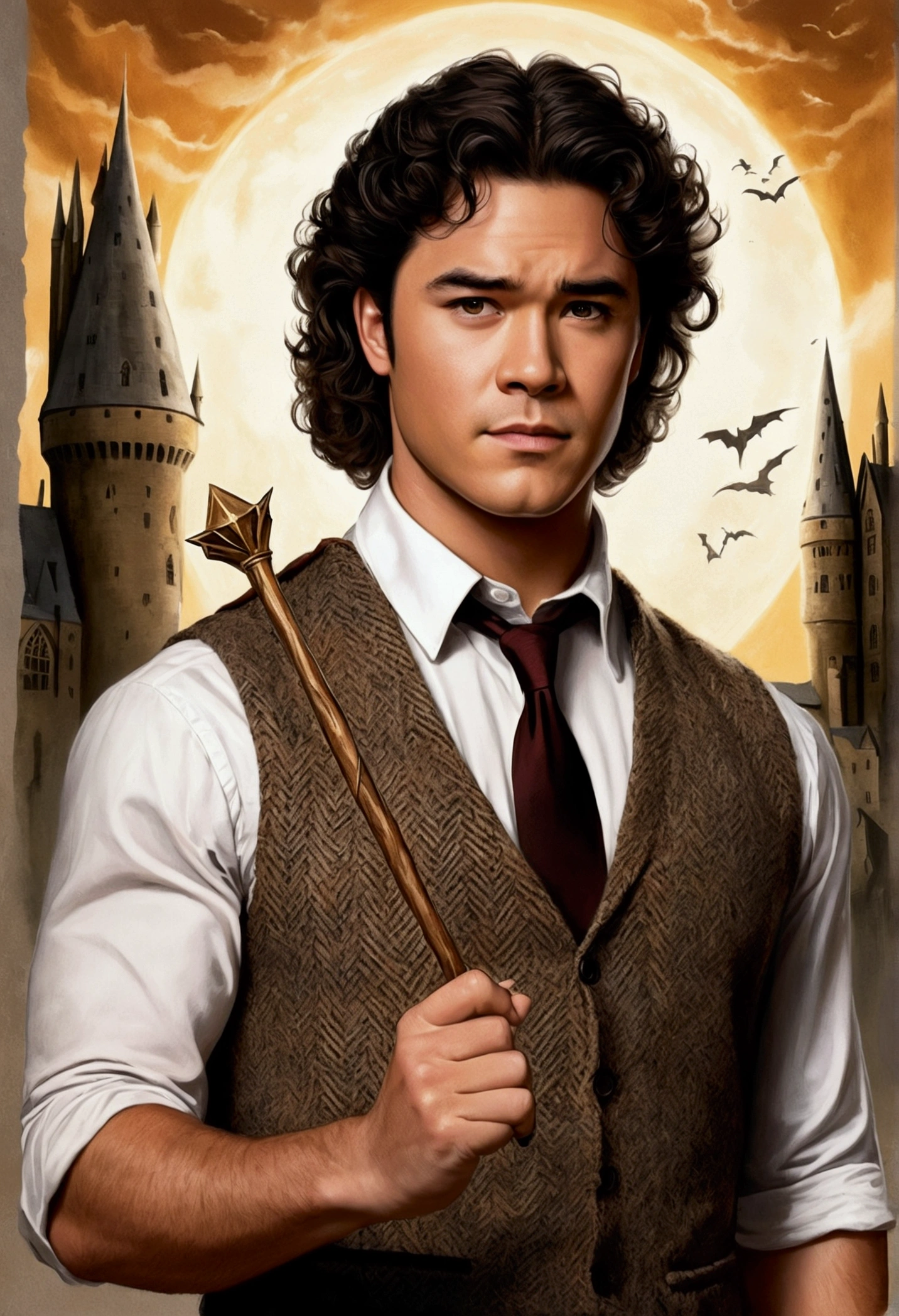 An illustrated movie poster, hand-drawn, full color, a Hogwarts Professor, 21 years old, male, brown eyes, brown-black hair, voluminous curly mane, suntan complexion, medium height, broad shoulders, stocky frame, muscular, rugged scruffy appearance, lots of body hair, resembles Dean Cain, wearing a tweed vest and slacks, gripping a magic wand, hard shadows, graphite shading, stencil marks, airbrushed acrylic paint, masterpiece, in the style of the Deathly Hallows