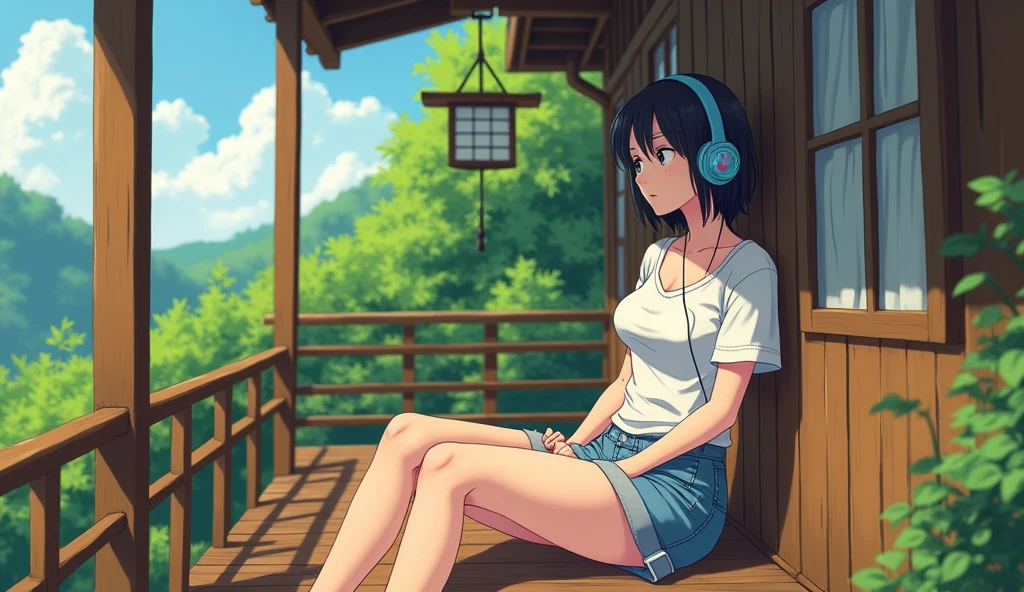 Perfect image, 8k, noon、A high school girl listening to music on a cozy veranda,holiday、 Using headphones, 2D-style animation, Lo-Fi, hard disk, Big Breasts、one's home、wind chimes、summer、Retro、Japanese style、Wooden house、Single-story house