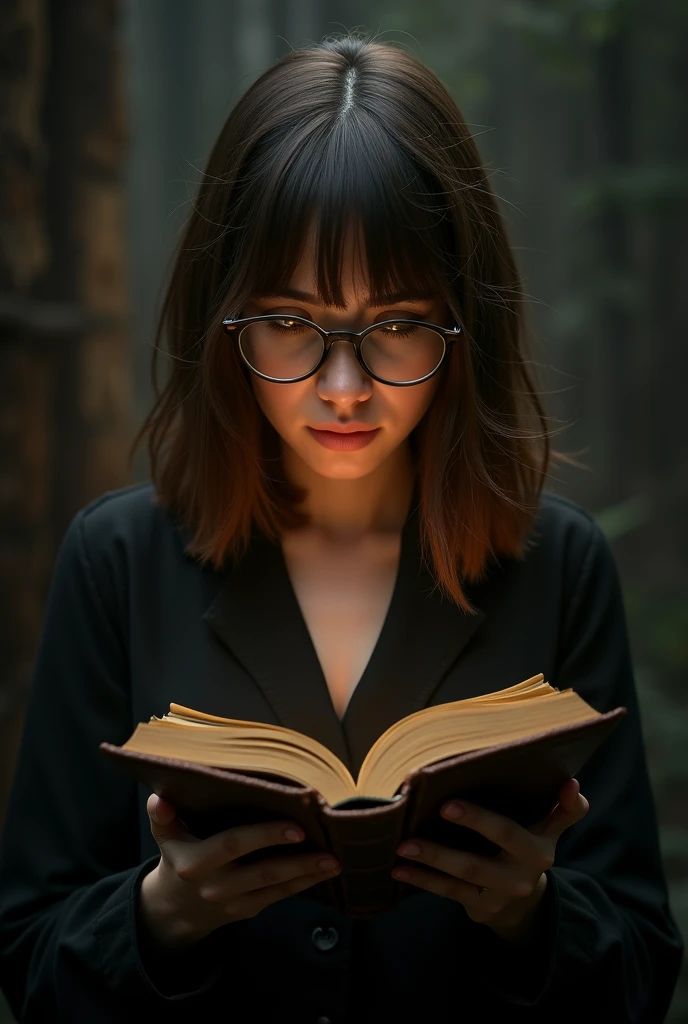 A white woman with straight brown hair and bangs, prescription glasses and black clothes, holding a magic book